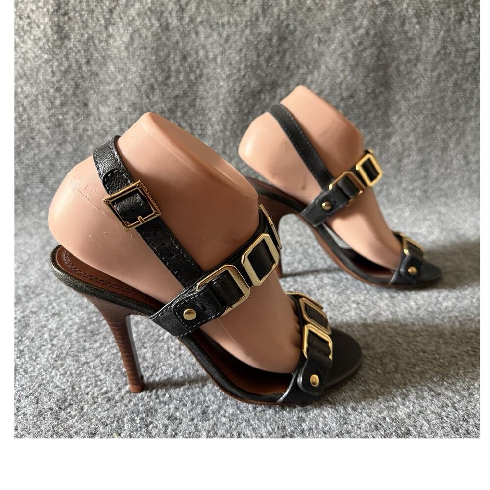 Tory Burch Black Strappy Buckle Leather Upper Open Toe Stiletto Heel 6M